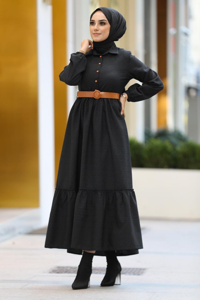 Neva Style - Yarım Düğmeli Siyah Tesettür Elbise 43290S - 1