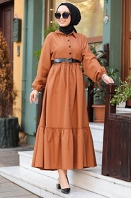 Neva Style - Yarım Düğmeli Taba Tesettür Elbise 43290TB - Thumbnail