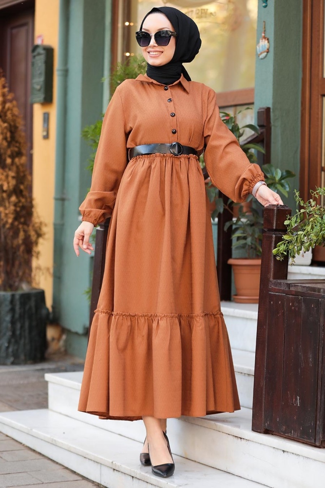 Neva Style - Yarım Düğmeli Taba Tesettür Elbise 43290TB - 1