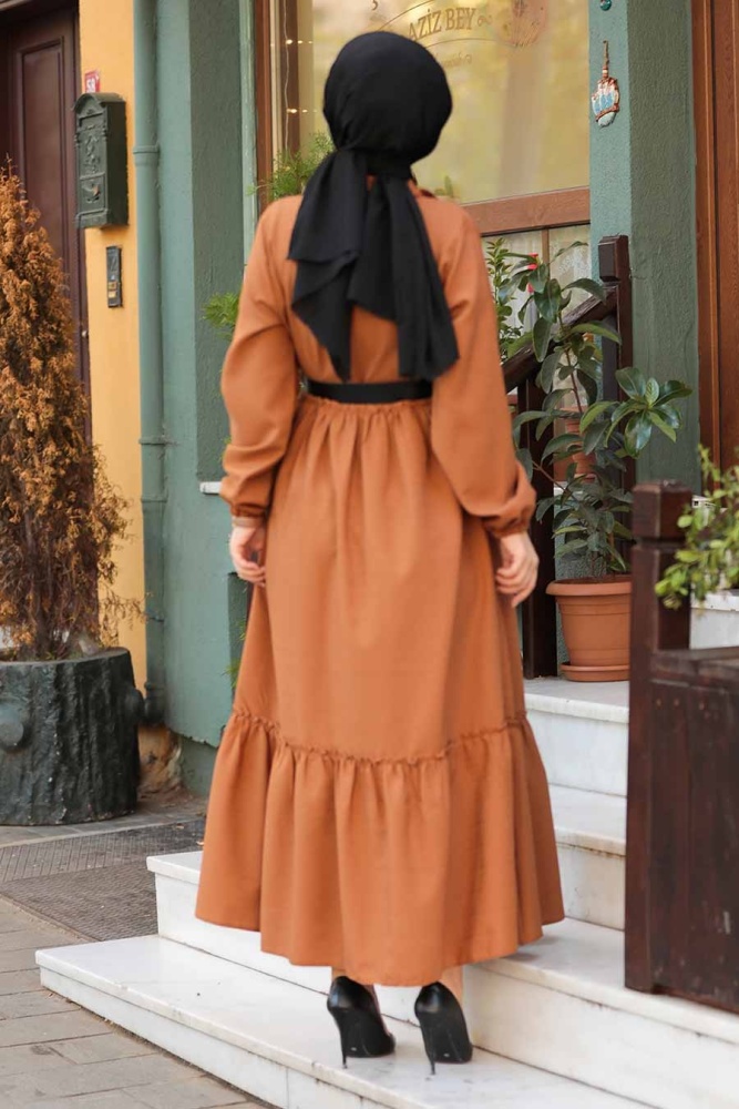 Neva Style - Yarım Düğmeli Taba Tesettür Elbise 43290TB - 2