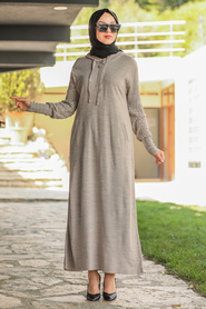 Neva Style - Yarım Fermuarlı Bej Tesettür Triko Elbise 2343BEJ - Thumbnail
