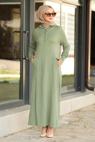 Neva Style - Yarım Fermuarlı Çağla Yeşili Tesettür Triko Elbise 2343CY - Thumbnail