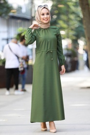 Neva Style - Yarım Fermuarlı Haki Tesettür Elbise 4325HK - Thumbnail