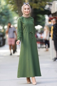 Neva Style - Yarım Fermuarlı Haki Tesettür Elbise 4325HK - Thumbnail