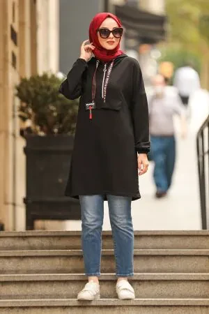  Yarım Fermuarlı Siyah Tesettür Sweatshirt & Tunik 40281S - 1