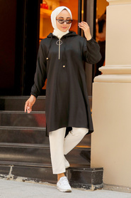 Neva Style - Yarım Fermuarlı Siyah Tesettür Sweatshirt & Tunik 492S - Thumbnail