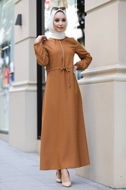 Neva Style - Yarım Fermuarlı Taba Tesettür Elbise 4325TB - Thumbnail