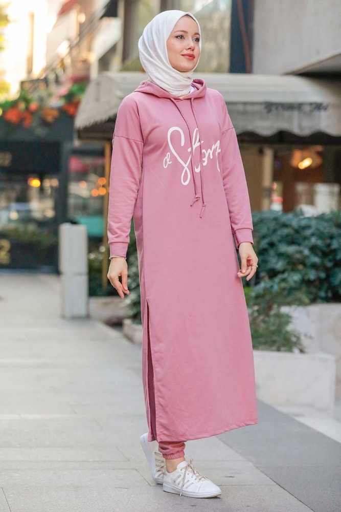 Neva Style - Yazı Detaylı Gül Kurusu Tesettür İkili Takım 56002GK - 1