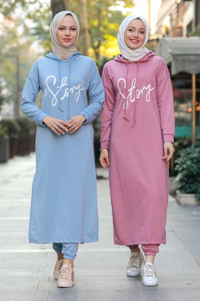 Neva Style - Yazı Detaylı Gül Kurusu Tesettür İkili Takım 56002GK - 2
