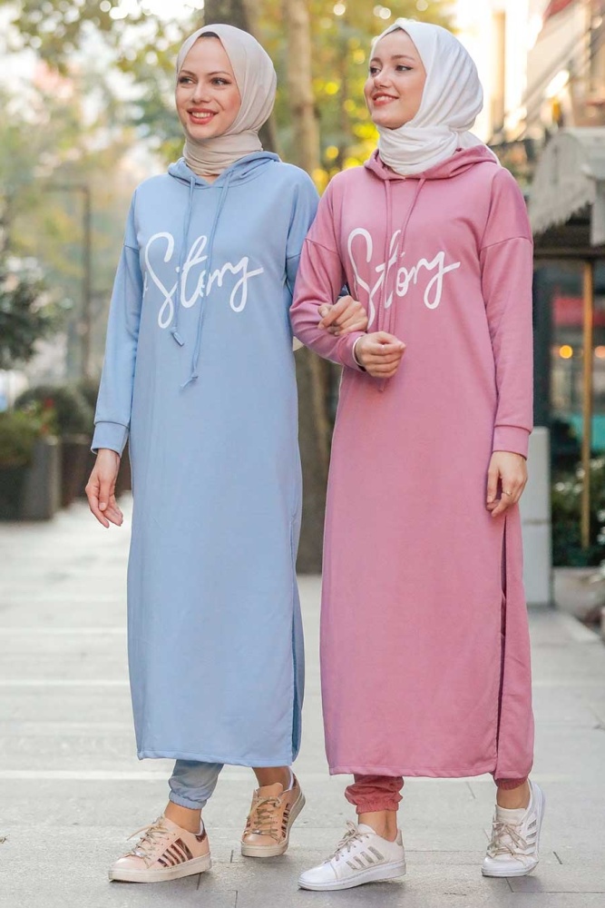 Neva Style - Yazı Detaylı Gül Kurusu Tesettür İkili Takım 56002GK - 3