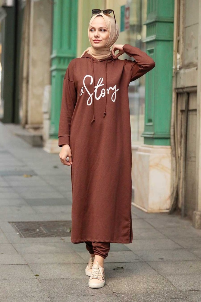 Neva Style - Yazı Detaylı Kahverengi Tesettür İkili Takım 56002KH - 1