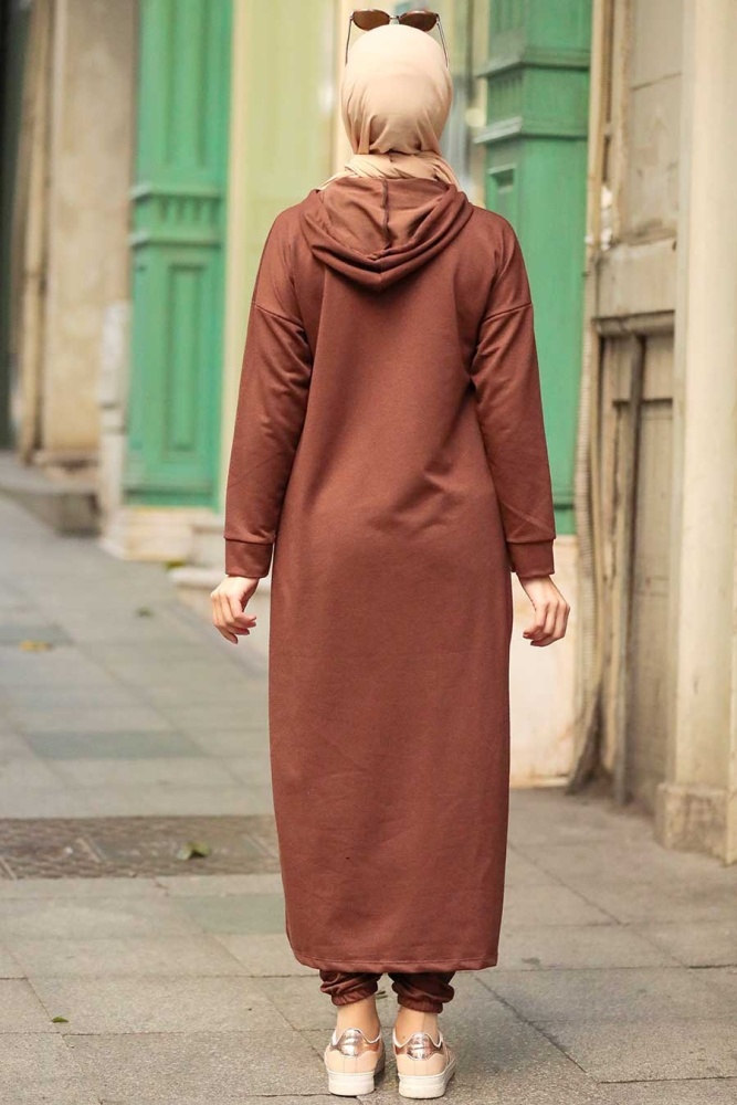Neva Style - Yazı Detaylı Kahverengi Tesettür İkili Takım 56002KH - 2