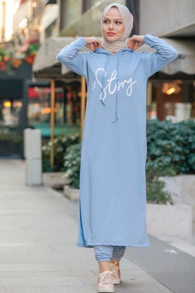 Neva Style - Yazı Detaylı Mavi Tesettür İkili Takım 56002M - 1