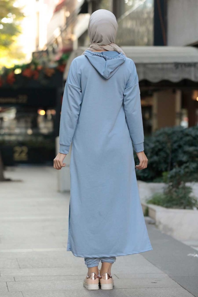 Neva Style - Yazı Detaylı Mavi Tesettür İkili Takım 56002M - 4