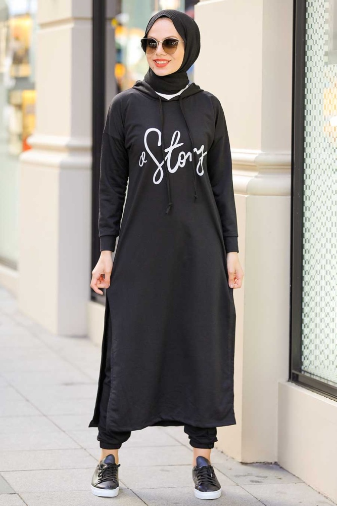 Neva Style - Yazı Detaylı Siyah Tesettür İkili Takım 56002S - 1