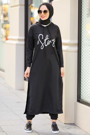  Yazı Detaylı Siyah Tesettür İkili Takım 56002S - 1