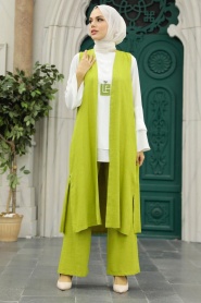 Neva Style - Yelekli Fıstık Yeşili Tesettür Üçlü Takım 52341FY - Thumbnail