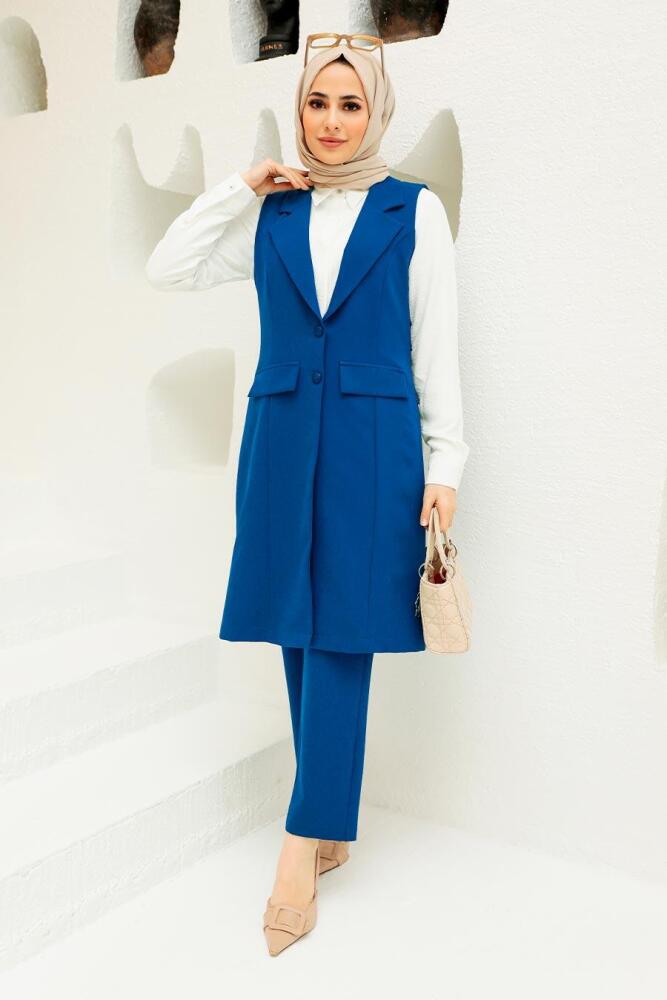 Neva Style - Yelekli Sax Mavisi Tesettür İkili Takım 5682SX - NEVA STYLE