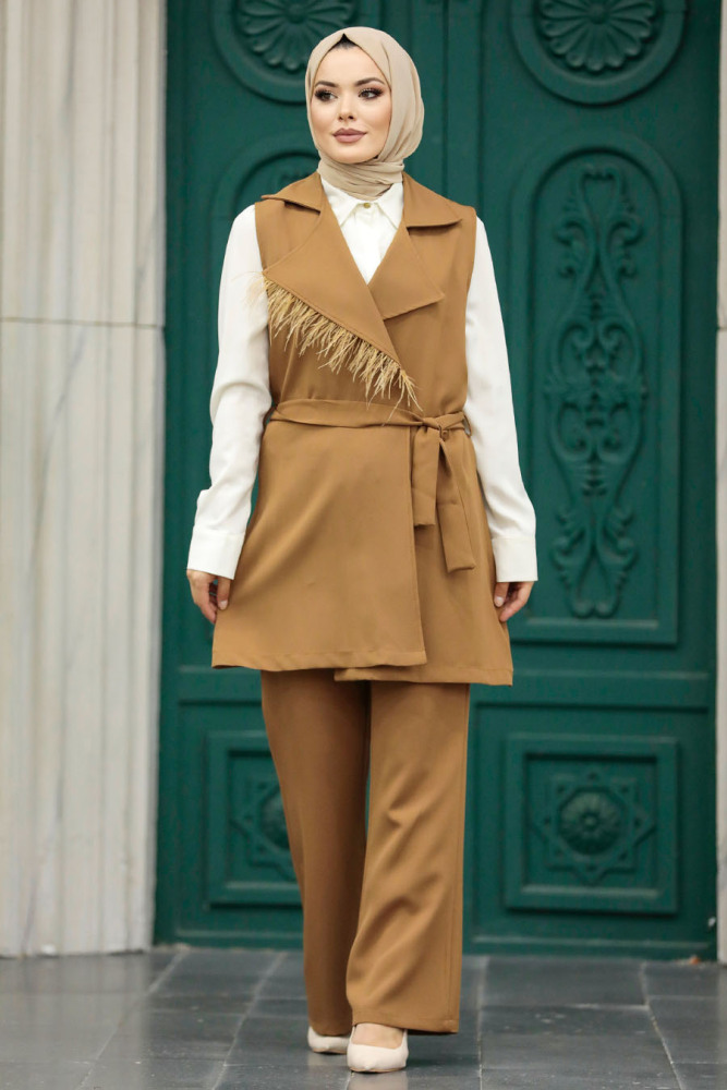 Neva Style - Yelekli Taba Tesettür İkili Takım 5916TB - 2