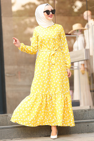 Kelebek Desenli Sarı Tesettür Elbise 5005SR - Thumbnail
