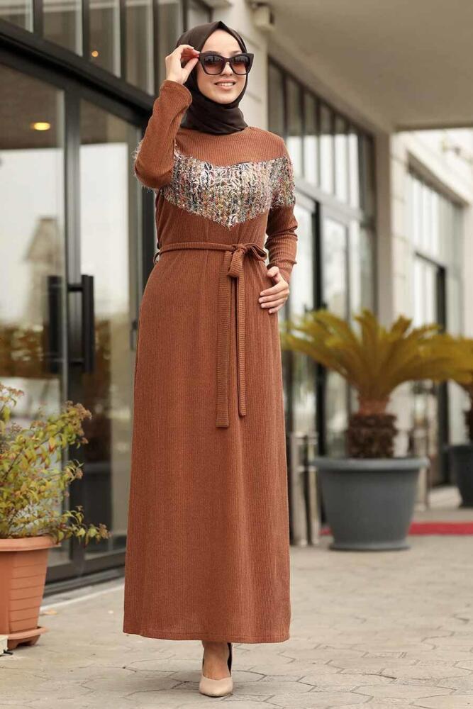 Neva Style - Yellowish Brown Hijab Dress 12060TB - 1