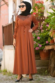 Neva Style - Yellowish Brown Hijab Dress 3336TB - Thumbnail