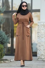 Neva Style - Yellowish Brown Hijab Dress 80380TB - Thumbnail