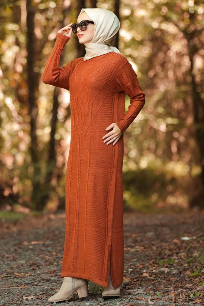 Neva Style - Yellowish Brown Hijab Knitwear Dress 1048TB - 1