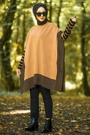 Neva Style -Yellowish Brown Hijab Knitwear Poncho-15658TB-1 - Thumbnail