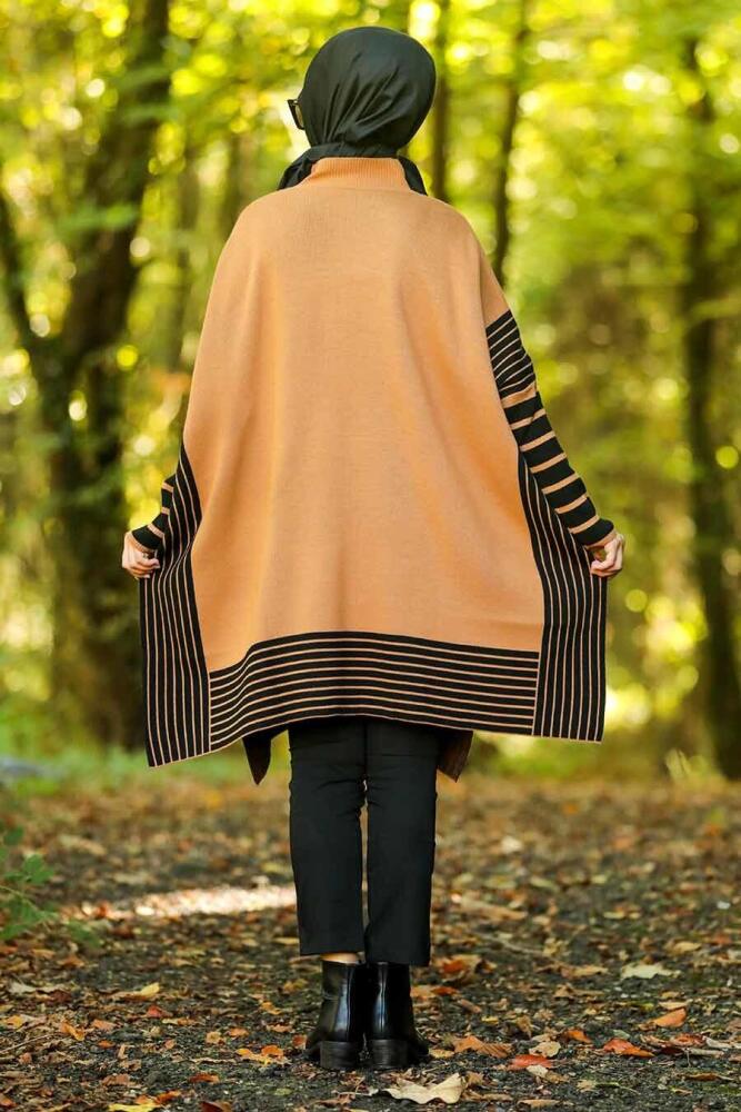 Neva Style -Yellowish Brown Hijab Knitwear Poncho-15658TB-1 - 2