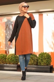 Neva Style - Yellowish Brown Hijab Knitwear Tunic 120220TB - Thumbnail