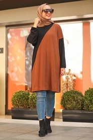 Neva Style - Yellowish Brown Hijab Knitwear Tunic 120220TB - Thumbnail