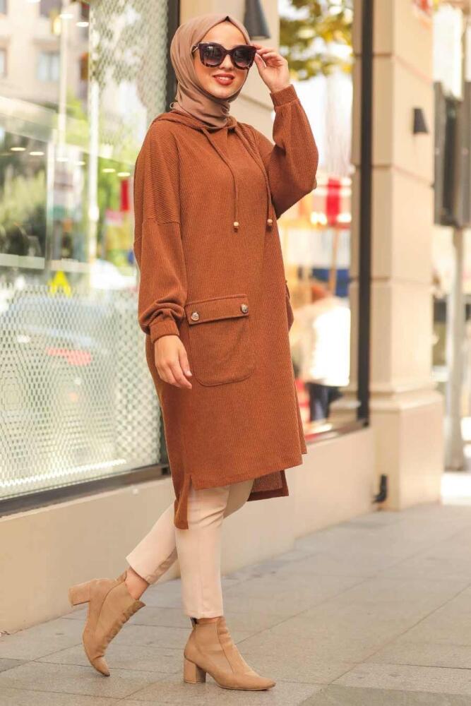 Neva Style - Yellowish Brown Hijab Knitwear Tunic 12023TB - 1