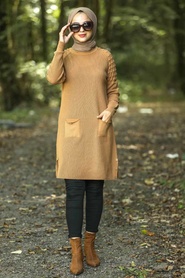 Neva Style - Yellowish Brown Hijab Knitwear Tunic 14546TB - Thumbnail
