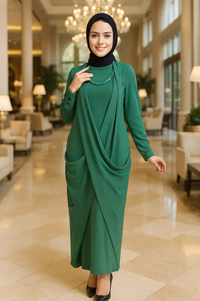  Yeşil Tesettür Elbise 34281Y - NEVA STYLE