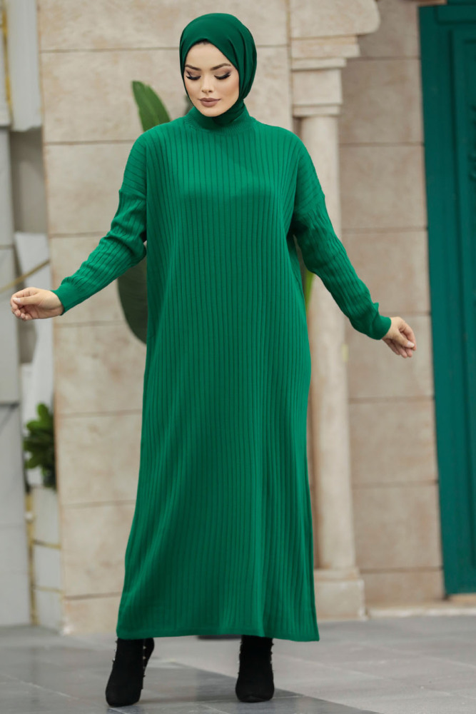  Yeşil Tesettür Triko Elbise 33671Y - 3
