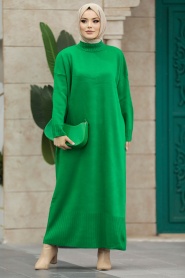 Neva Style - Yeşil Tesettür Triko Elbise 3409Y - Thumbnail