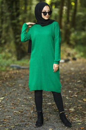 Neva Style - Yeşil Tesettür Triko Tunik 883Y - 1