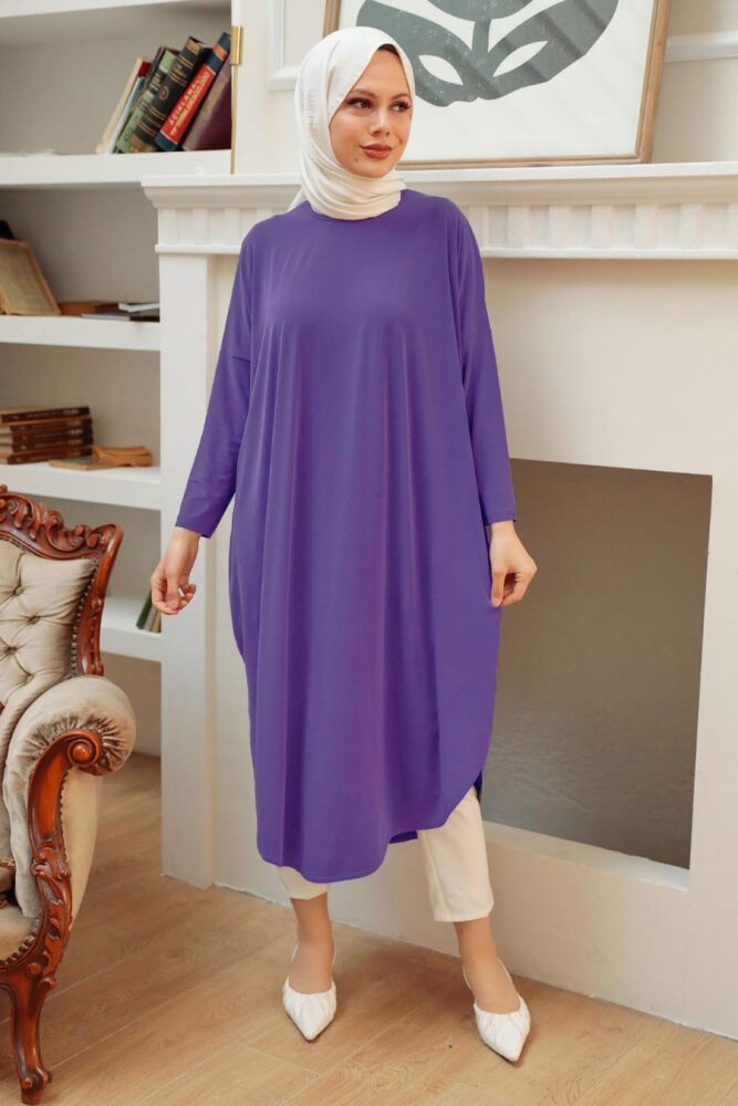 Neva Style - Yırtmaç Detaylı Açık Mor Tesettür Tunik 17350AMOR - 1