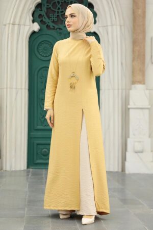 Neva Style - Yırtmaç Detaylı Bisküvi Tesettür İkili Takım 52221BS - 1