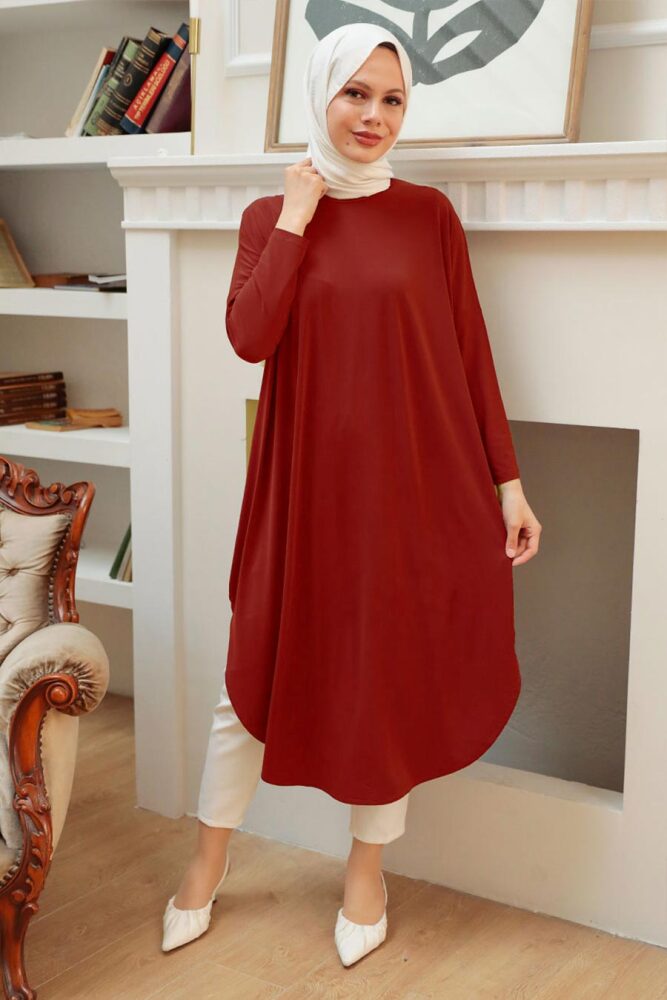 Neva Style - Yırtmaç Detaylı Kiremit Tesettür Tunik 17350KRMT - 1