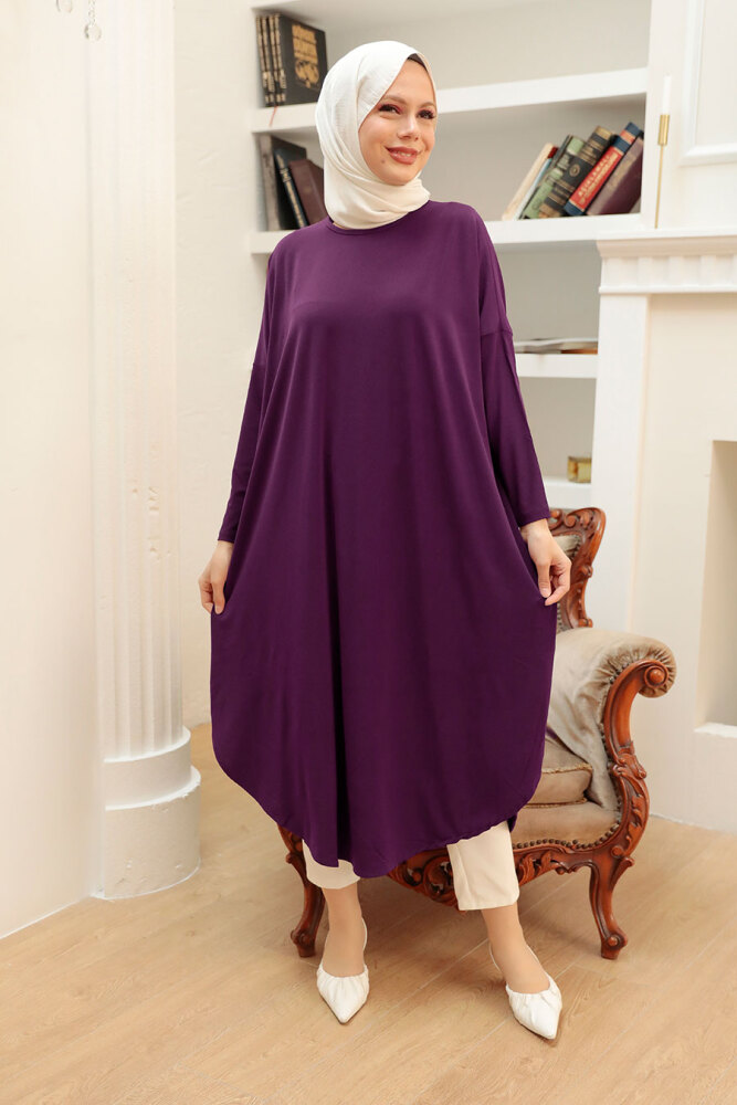 Neva Style - Yırtmaç Detaylı Mor Tesettür Tunik 17350MOR - 1