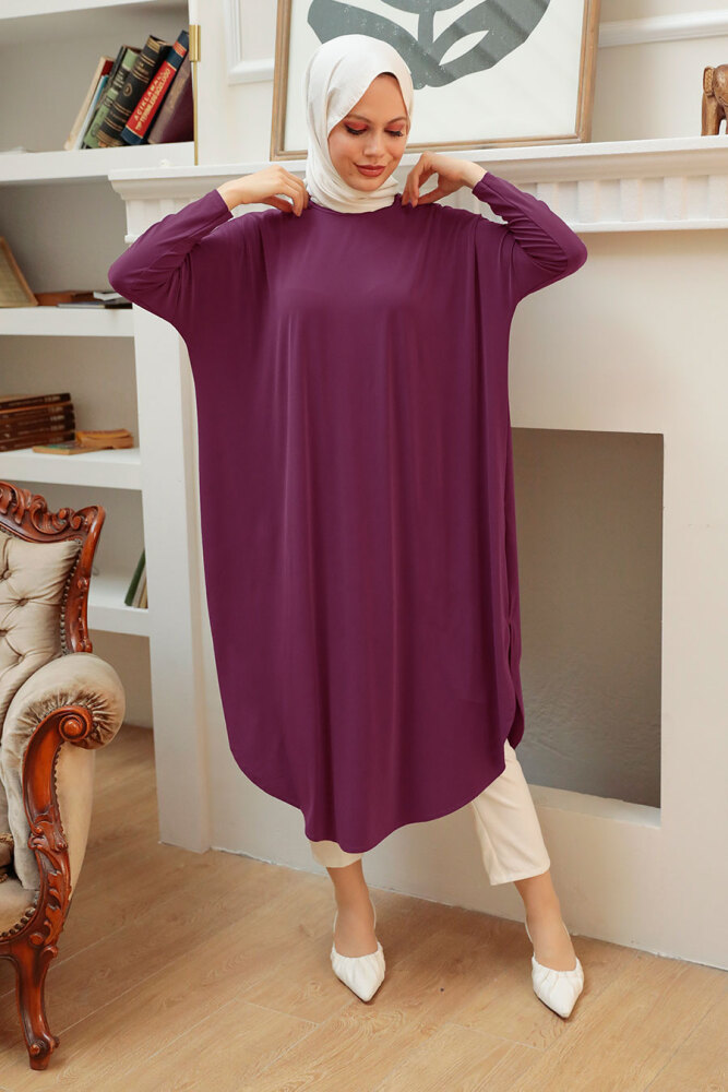 Neva Style - Yırtmaç Detaylı Mürdüm Tesettür Tunik 17350MU - 1