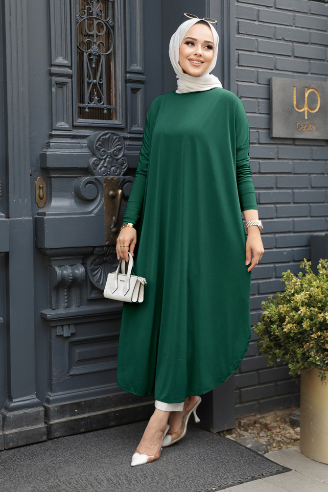Neva Style - Yırtmaç Detaylı Yeşil Tesettür Tunik 17350Y - 1