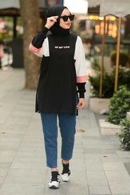 Neva Style - Yırtmaçlı Siyah Tesettür Sweatshirt & Tunik 11510S - Thumbnail