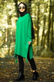 Neva Style - Yırtmaçlı Yeşil Tesettür Triko Panço 10010Y - Thumbnail