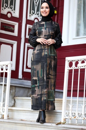 Neva Style - Yün Efekt Desenli Haki Tesettür Elbise 43320HK - 2