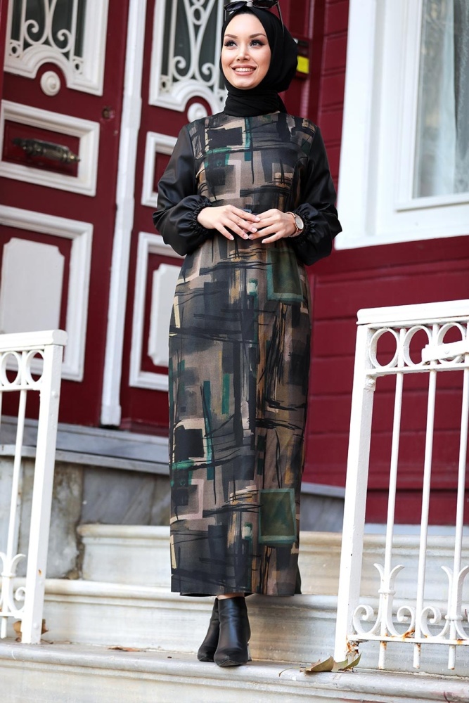 Neva Style - Yün Efekt Desenli Haki Tesettür Elbise 43320HK - 2
