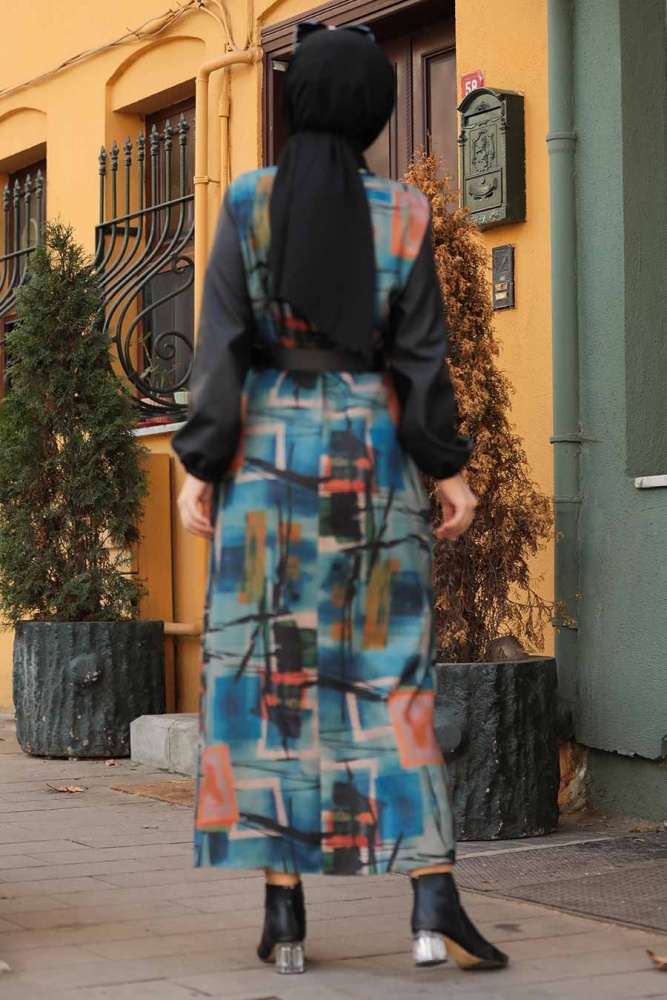 Neva Style - Yün Efekt Desenli İndigo Mavisi Tesettür Elbise 43320IM - 2