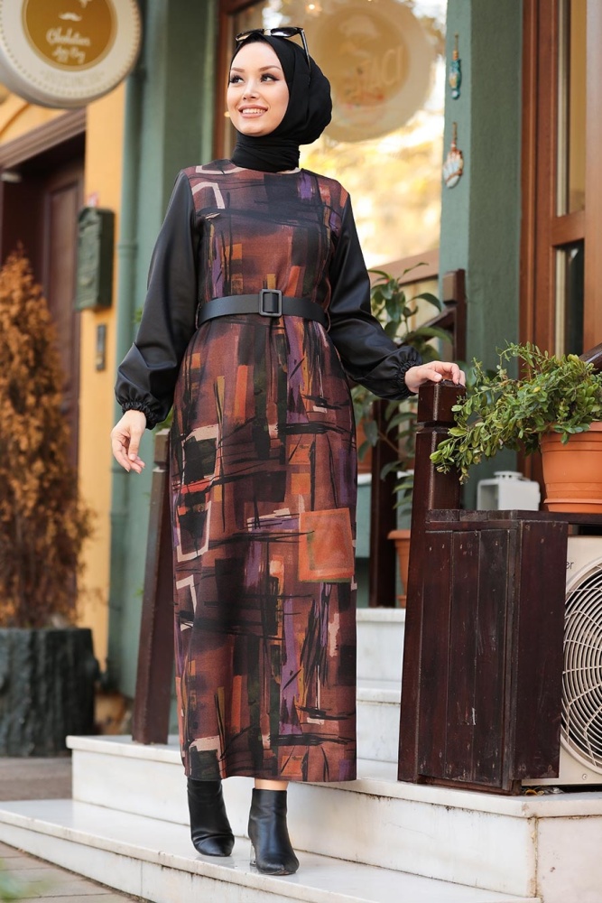 Neva Style - Yün Efekt Desenli Taba Tesettür Elbise 43320TB - 1